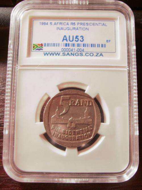 ((((  CRAZY ONE RAND ))))...ALMOST UNC...AU53....1994  R5 COIN.....MANDELA'S  INAUGURATION.