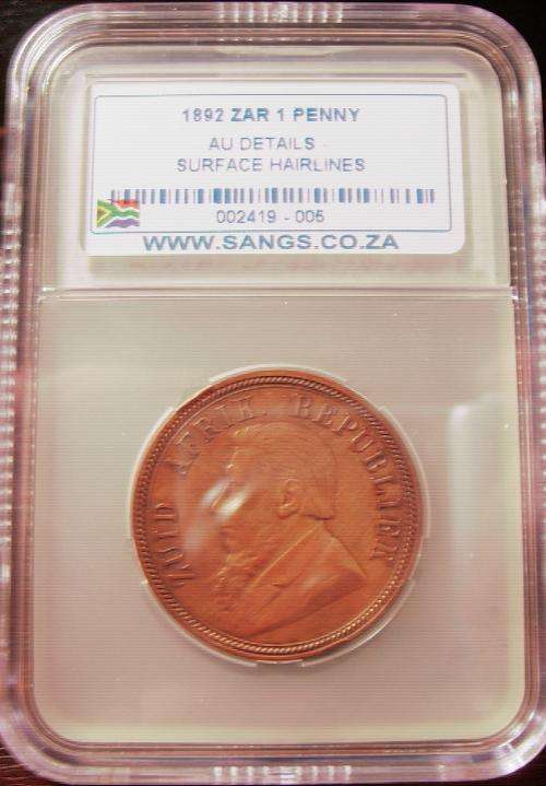 THE RARE 1892...ZAR... PAUL KRUGER...PENNY...GRADED ALMOST UNCIRCULATED DETAILS