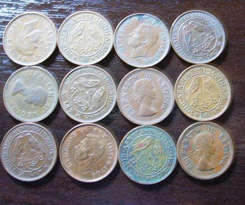 TWELVE..1944 TO 1956.. KING GEORGE / QUEEN ELIZABETH..UNION OF S.A..QUARTER PENNIES..ONE BID FOR ALL