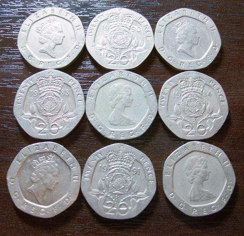 NINE BRITISH TWENTY PENCE COINS...DATED 1982 TO 1993 ....NO DUPLICATIONS......ONE BID FOR ALL