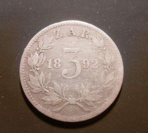 RARE...1892...ZAR...SILVER THREEPENCE...MINTAGE 24,300...STARTS @ R1