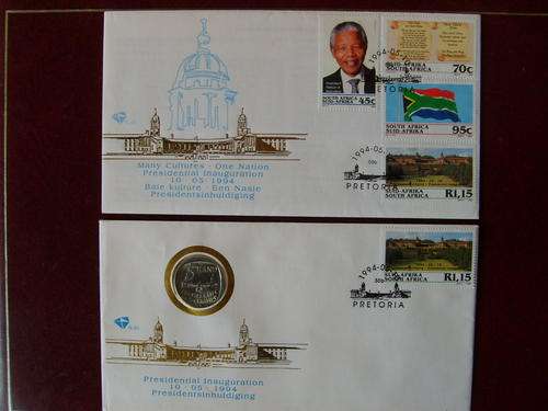 1994 MANDELA INAUGURATION SET *** FDC WITH (CIRCULATION )COIN *** PLUS *** FDC NO COIN @ R1 PER SET