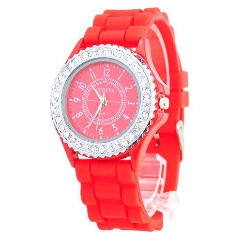 GENEVA Exquisite Silicone Crystal Rhinestone Quartz Movement - Red