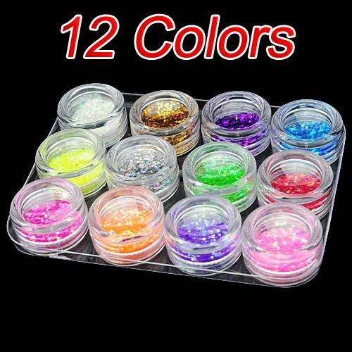 New 12 Pcs Hexagonal Glitter Paillette Nail Art Powder 12 Colors