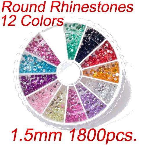 New 1800pcs 12 Colors 1.5mm Nail Art Glitters Rhinestones Round Wheel