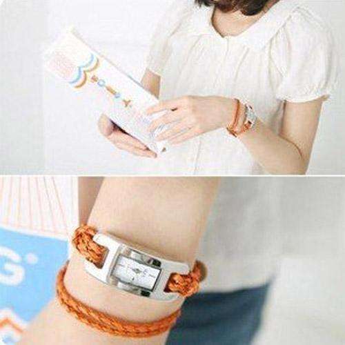 Fashion Braided Leather Cord Band Quadrate Dial Quartz Bracelet Watch