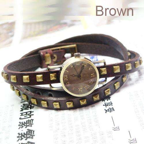 Handmade Vintage Fashion Multi-Circle Strap Quartz Wrist Watch-Brown