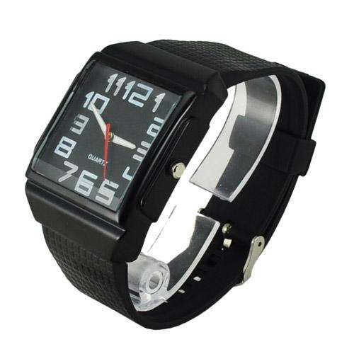 Stylish Silicone Band Quartz Movement Square Metal Dial Wrist Watch Black