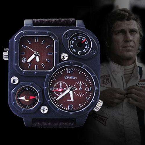 PU Leather Band Watch Dual Quartz Movement/Compass/Thermometer