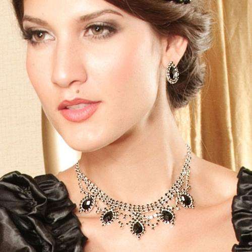 Charming Rhinestones Necklace and Earrings Set - Black