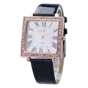 A-299 Rhinestone Quartz Watch with Square Dial PU Leather Band-Black band