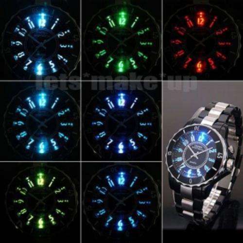 OHSEN A056 Water Resistant Unisex Quartz Sports Wrist Watch 7 Colour LEDh - black
