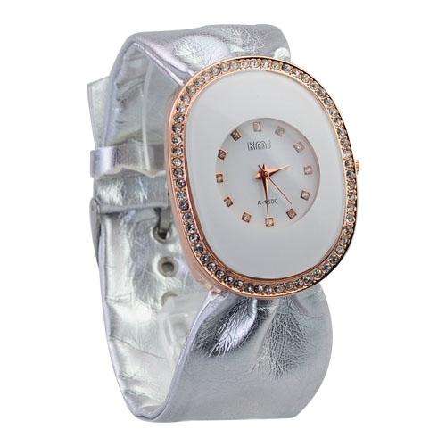 Rhinestones Decorated Oval Dial Woman's Watch with Soft PU Leather Band