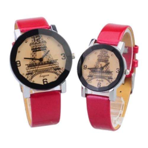 2 Pcs Stylish Round Dial Couple Watch with PU Leather Band - Red