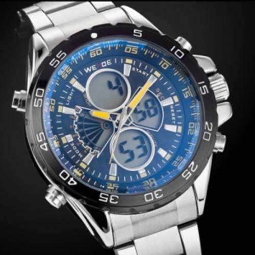 WEIDE LCD Digital Analog Sport Date Day Alarm Stainless Steel Army  Watch
