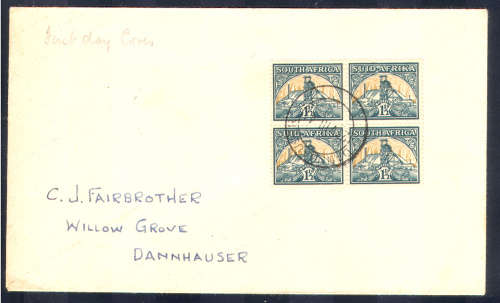 UNION 1941: DEFINITIVE ISSUE 1 1/2d REDUCED SIZE BLOCK FDC (CXD 21 AUGUST 1941))