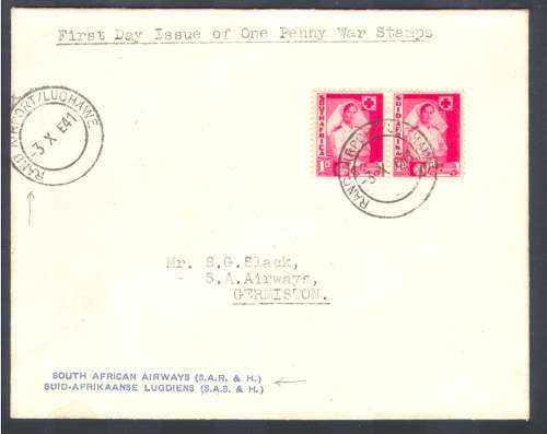 UNION 1941: LARGE WARS 1d FDC (CXD 3 OCTOBER 1941))