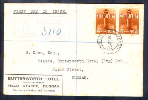 UNION 1941: LARGE WARS 4d FDC (CXD 20 AUGUST 1941)