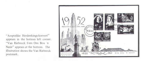 UNION 1952 COVER COMMEMORATING VAN RIEBEECK'S LANDING ON 6 APRIL 1652 (MORE BELOW)