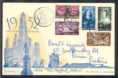 UNION 1952 COVER COMMEMORATING VAN RIEBEECK'S LANDING ON 6 APRIL 1652 (MORE BELOW)