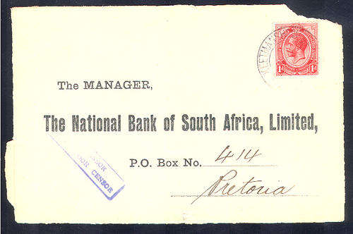 SWA 1915 SWA FORERUNNER ON PIECE (COVER FRONT ONLY) POSTED DURING THE SENSOR PERIOD 1915-1919