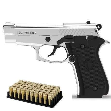 Retay 84FS chrome blank gun + 50 Black Cartridges and holster