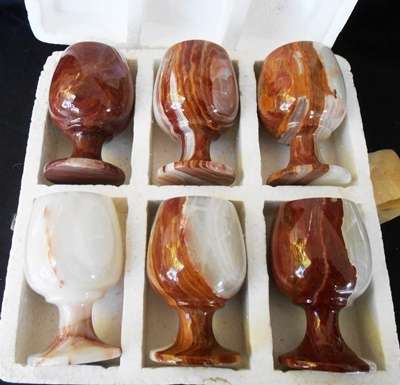 SET OF 6 RARE ONYX MARBLE NATURAL STONE CUPS GOBLETS COLLECTABLE