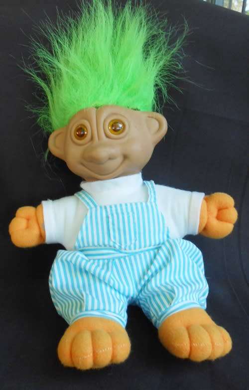 Troll doll with green hair and soft body amber eyes light up