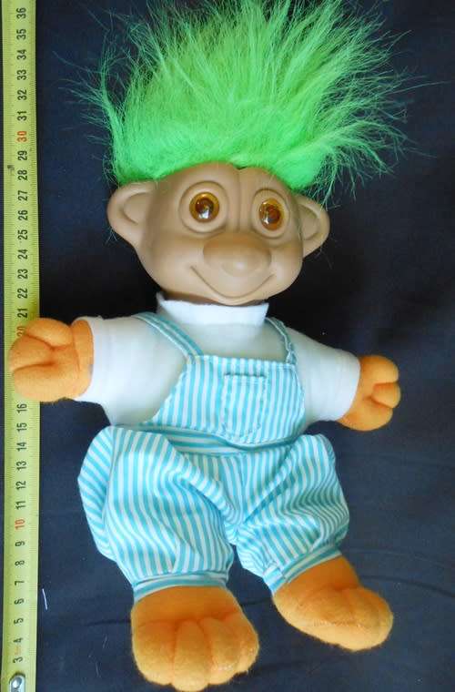 Troll doll with green hair and soft body amber eyes light up