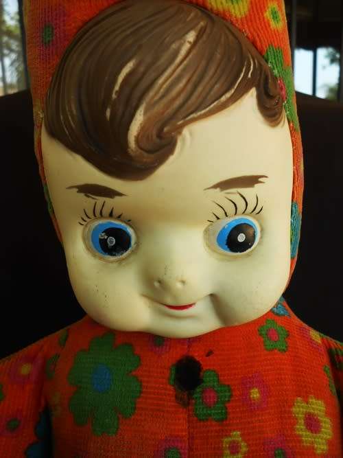 Collectable Vintage stuffed doll with rubber face and pixie look