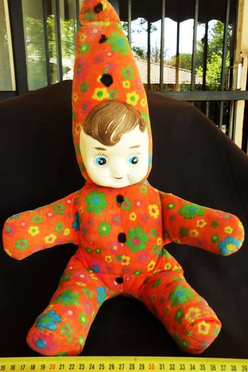 Collectable Vintage stuffed doll with rubber face and pixie look