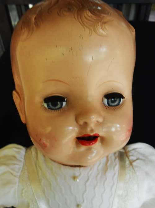 large vintage collectable composition doll with hard plastic head 55 cm long