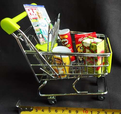 Miniature Shopping Trolley green plastic and metal with groceries