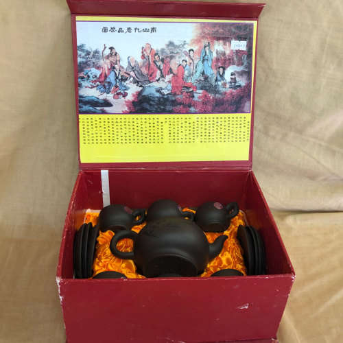 Genuine Yixing Brown Teapot with Six Cups and Saucers