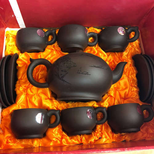 Genuine Yixing Brown Teapot with Six Cups and Saucers
