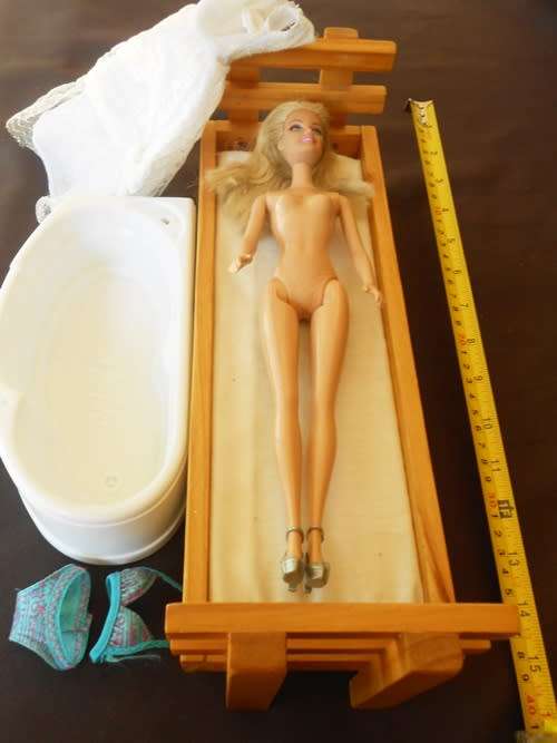 Barbie Doll with wooden bed and Barbie Bath and clothes