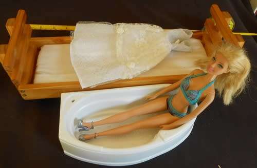 Barbie Doll with wooden bed and Barbie Bath and clothes