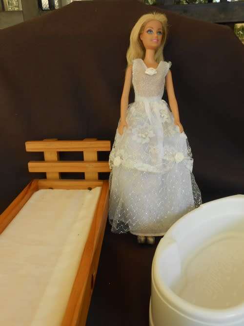 Barbie Doll with wooden bed and Barbie Bath and clothes