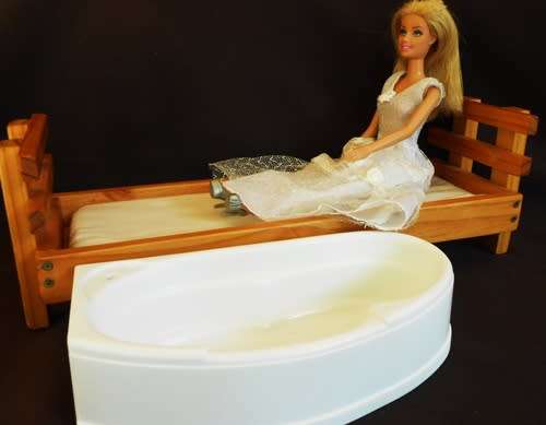 Barbie Doll with wooden bed and Barbie Bath and clothes