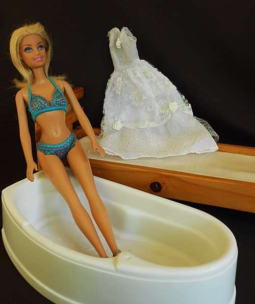 Barbie Doll with wooden bed and Barbie Bath and clothes
