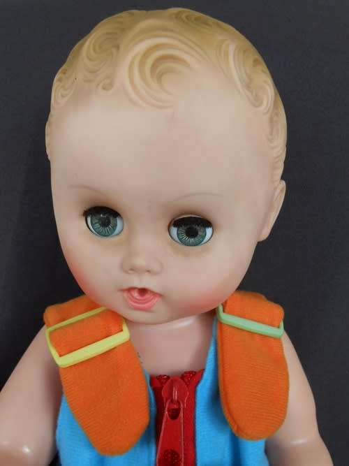 Vintage 1950s Vinyl Rubber 16" Baby Doll Sleep Eyes Posable Toy in New Clothes