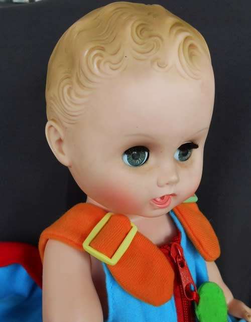 Vintage 1950s Vinyl Rubber 16" Baby Doll Sleep Eyes Posable Toy in New Clothes