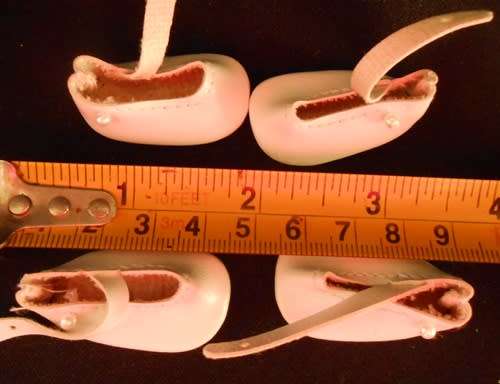 Shoes for small doll, White with tiny pearl button fastener length of sole on outside 3.5 cm 2 pairs