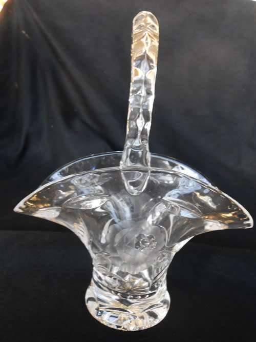Vintage Cut Glass basket shaped vase or triket holder