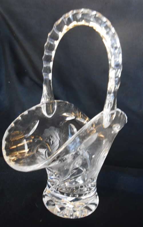 Vintage Cut Glass basket shaped vase or triket holder