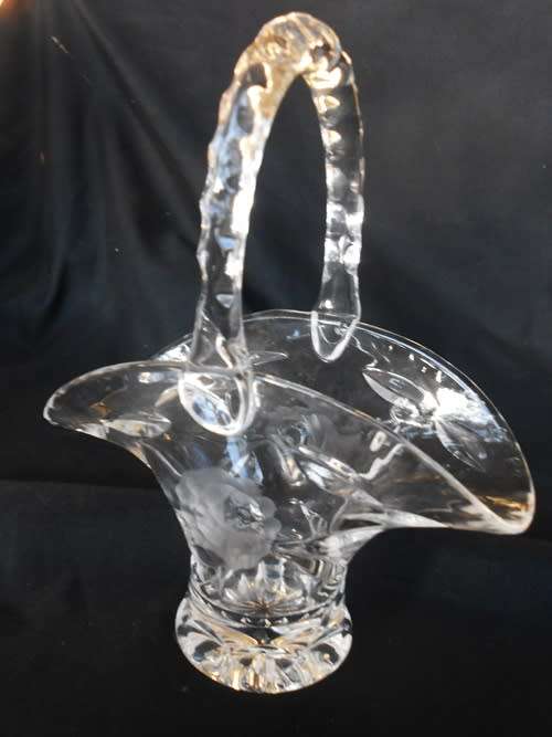 Vintage Cut Glass basket shaped vase or triket holder