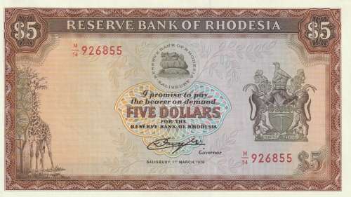 Rhodesia $5 Banknote from 1976 in Pristine Uncirculated Condition