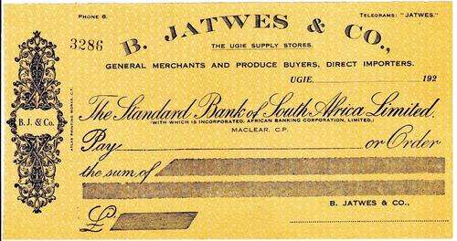 1920's Standard Bank UNC Unused Cheques for B Jatwes & Co