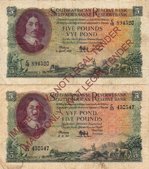 MH de Kock Five Pound Notes. Bid per Note.