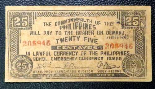 25 Centavos 1942. WWII war Philippines banknotes, Emergency Currency Board !